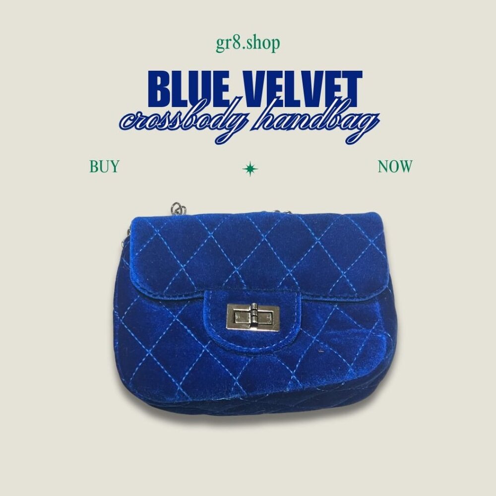 Blue Velvet Quilted Crossbody Handbag With Chain Strap & Gold-Tone Heart Charm